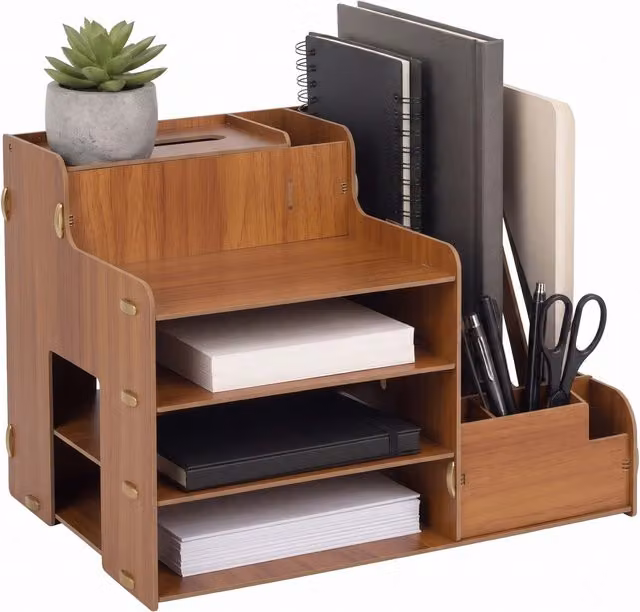 Organizador de documentos DIN A4 multi compartimento Relaxdays en madera color marrón, An/P/Al: 28 x 37 x 29 cm