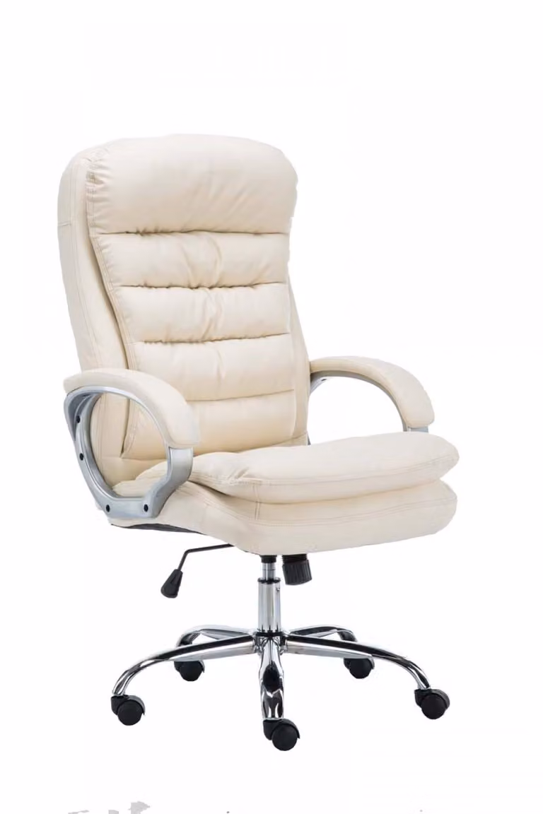 Silla de oficina ejecutiva giratoria de 360 grados en símil cuero color beige con reposabrazos y ruedas