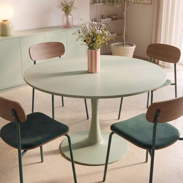 Mesa de comedor redonda Oviala en color verde para 4 personas, Diámetro: 100 cm
