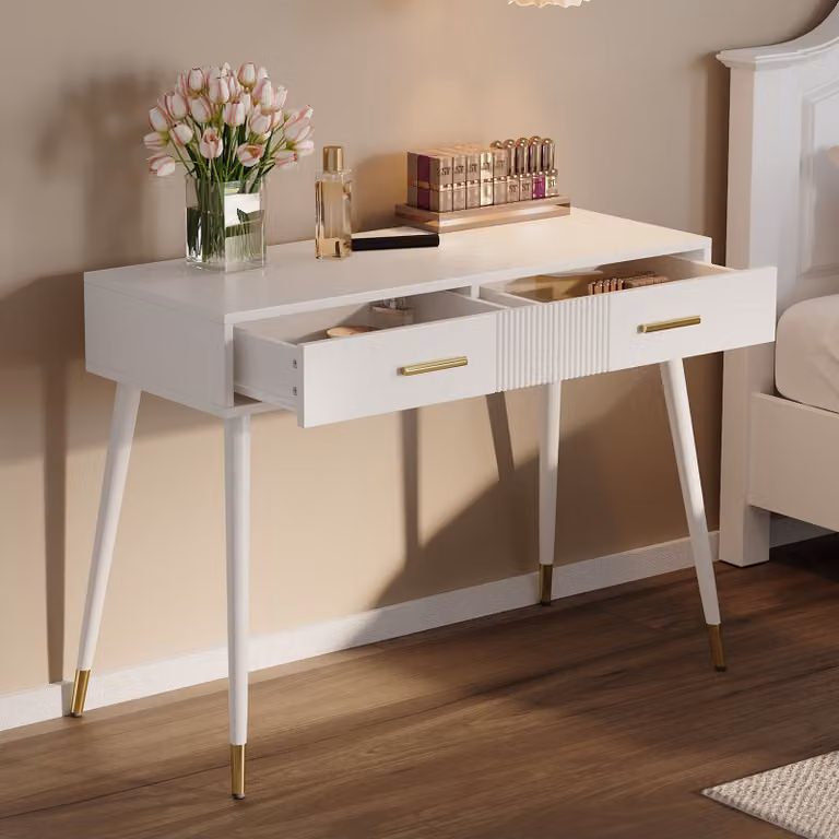 Mesa de tocador y escritorio OKWISH con 2 cajones, diseño moderno en color blanco y detalles dorados, An/P/Al: 100 x 40 x 76 cm