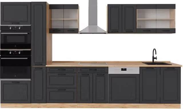 Cocina completa Vicco R-Line estilo casa de campo en antracita y roble, An: 350 cm, Al: 60 cm, P: 59,8 cm