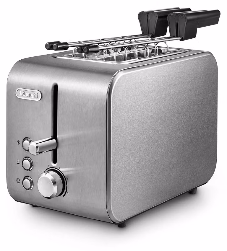Tostadora De'Longhi CTX 2203 de 2 rebanadas en color plateado con acabado en acero inoxidable y 550 W