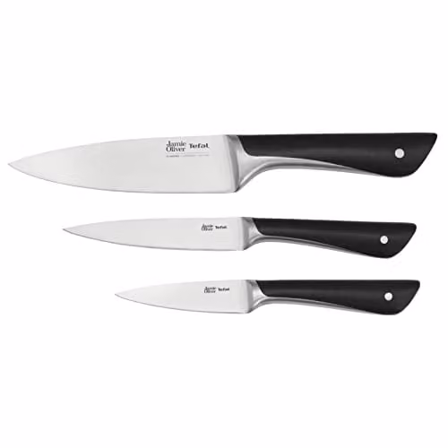 Set de 3 cuchillos Tefal Jamie Oliver en acero inoxidable color plata y negro con bloque de plástico