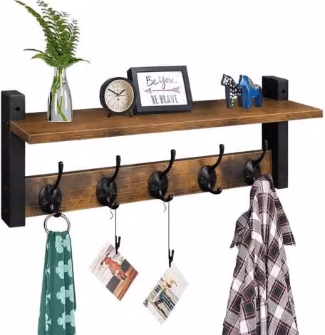 Perchero de pared MIMIY de estilo industrial con estante, fabricado en madera y metal, disponible en colores marrón, negro o azul