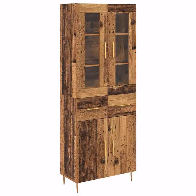 Set de 2 aparadores altos vidaXL de madera vieja con puertas de cristal en color marrón y dorado, An/P/Al: 69,5 x 34 x 180 cm