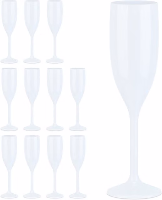 Set de 12 copas de champán de plástico Relaxdays, blancas, irrompibles y reutilizables, 150 ml, Al x An x P: 21 x 6 x 6 cm