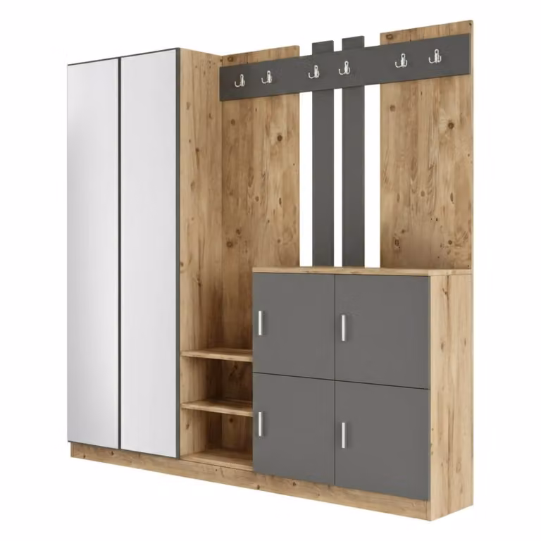 Mueble de entrada Artin de DMORA con perchero y consola de almacenamiento, acabado roble y antracita, An: 187 cm, P: 37,5 cm, Al: 180 cm