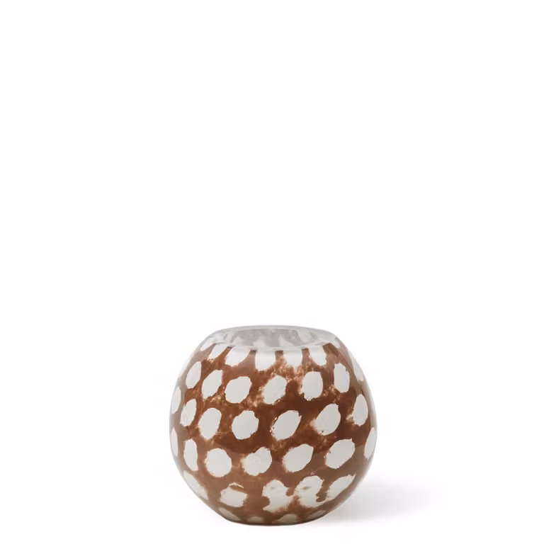 Portavelas de vidrio redondo Sia Deco con diseño de lunares en marrón, blanco y beige para tealight