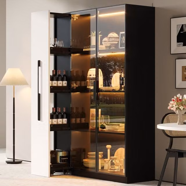 Vitrina MODENVIE con puertas de cristal, iluminación LED y estante para botellas en MDF negro para salón o comedor An/P/Al: 110.5 x 35 x 160 cm