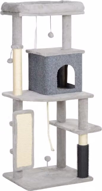 Árbol rascador para gatos PawHut con cueva, juguetes integrados y postes de sisal en gris, Altura: 132 cm