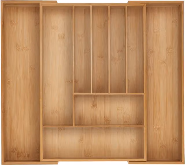 Organizador de cubiertos extensible Relaxdays de bambú con compartimentos, color beige, An/P/Al: 34-56 x 50 x 6 cm