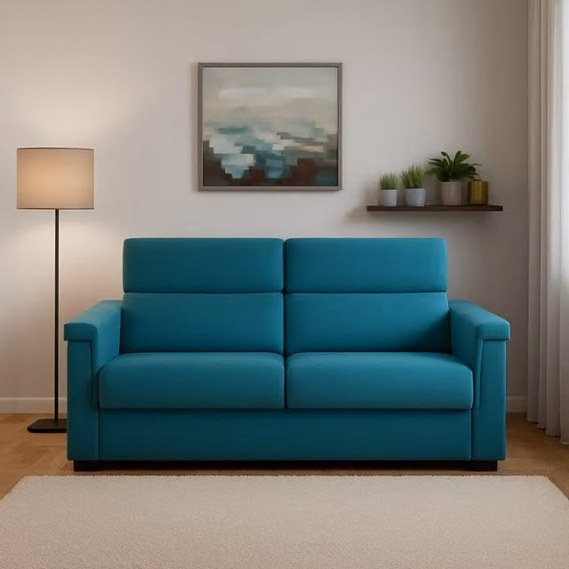 Sofá cama de 2 plazas DMORA con fundas desenfundables y apertura abatible, diseño moderno en azul y negro con estampado de rayas y estructura de madera sólida