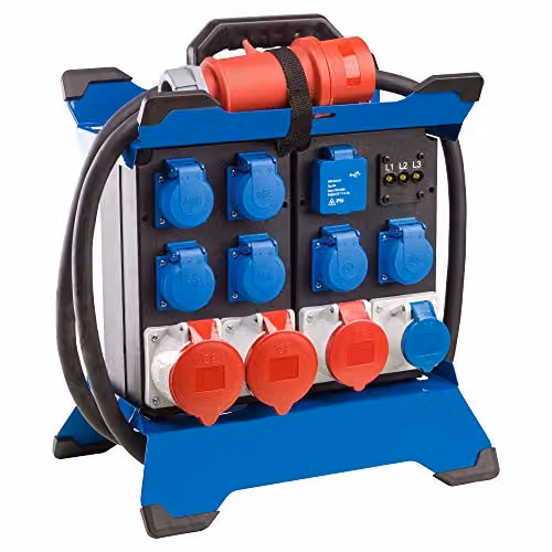 Distribuidor de corriente portátil AS-Schwabe STECKY DUO 4, con conector CEE 400V 32A 5 polos, 6 Schuko, 2 CEE 16A, 2 CEE 32A y 2 USB, color azul y negro