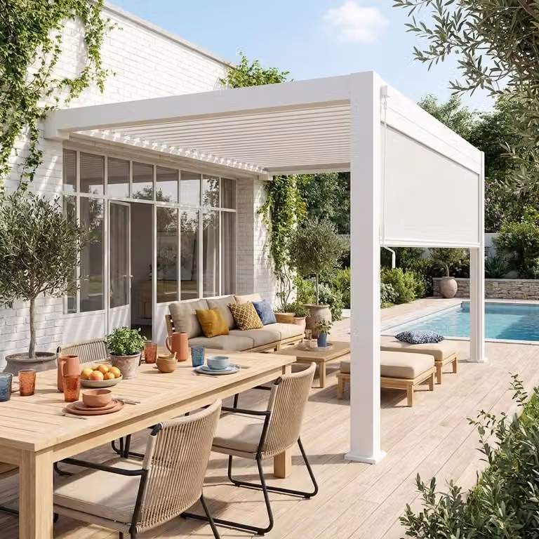 Pérgola bioclimática adosada SWEEEK de aluminio con toldo en color blanco o antracita