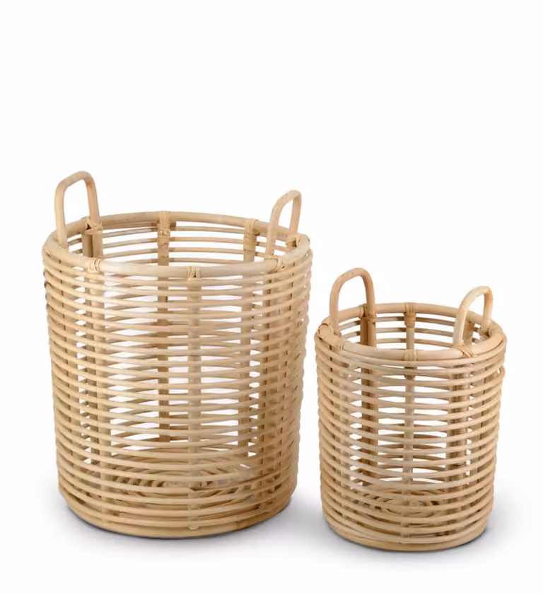 Set de 2 cestas de ratán MOYCOR en color beige con tejido abierto, Diámetro: 40 cm