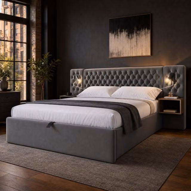 Dormitorio Completo Modenvie con Cama Canapé Hidráulica de 180x200 cm, 2 Mesitas de Noche con Luz de Lectura y Puertos USB, Tapizado en Terciopelo Gris