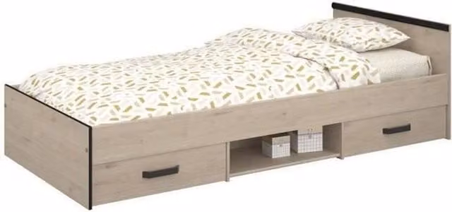 Cama infantil Parisot con almacenaje en cajones, diseño moderno en roble, beige y negro, An/P/Al: 90 x 200 x 59 cm