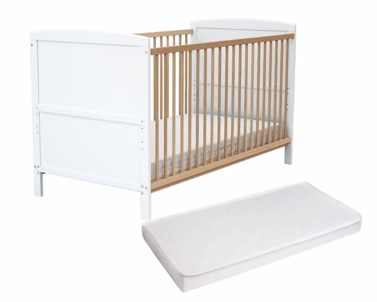 Cuna ajustable para bebé de madera y MDF con lamas abatibles, color blanco y haya, incluye colchón de 70 x 140 cm
