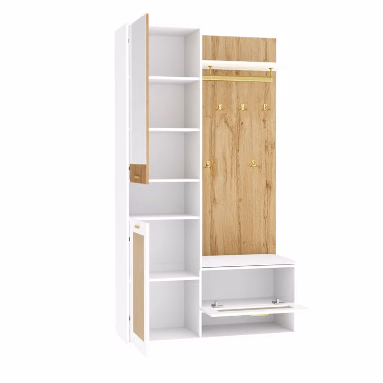 Conjunto de recibidor Meubles Cosy de estilo escandinavo con espejo, zapatero, banco y perchero mural en blanco, oro y roble con iluminación LED. An/P/Al: 190 x 110 x 54,3 cm.