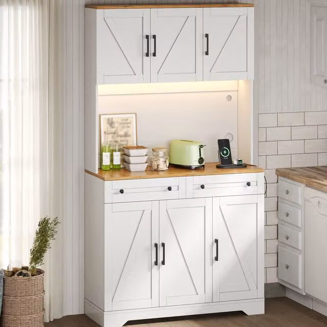 Mueble de cocina alto OKWISH moderno en MDF blanco y beige con iluminación LED integrada y tomas de corriente, An/P/Al: 100 x 40 x 180 cm