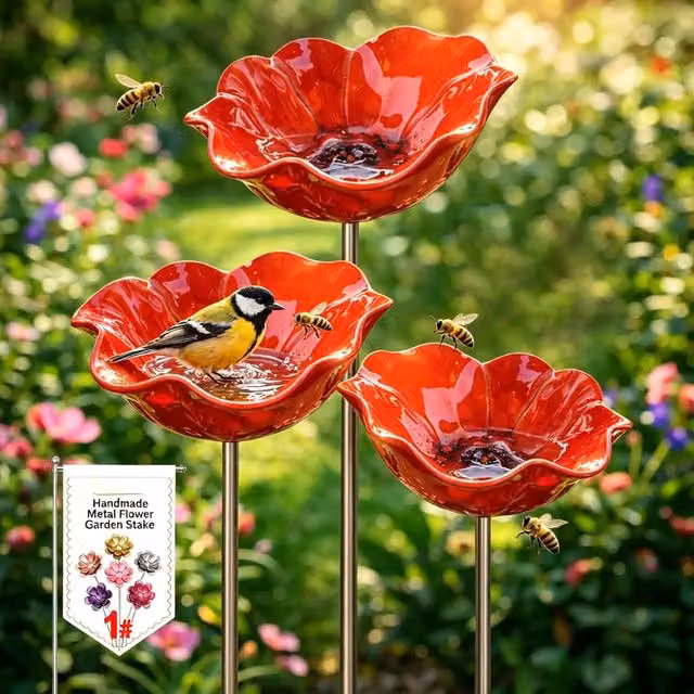 Set de 3 baños de metal para pájaros e insectos con diseño floral y estaca de jardín de LIIYIELA, color rojo