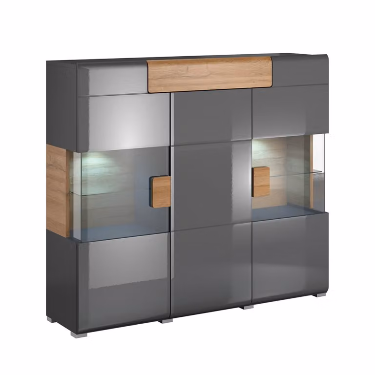 Aparador moderno de 3 puertas y 1 cajón con iluminación LED integrada en color gris antracita y acabado de roble, An/P/Al: 131 x 39 x 91 cm