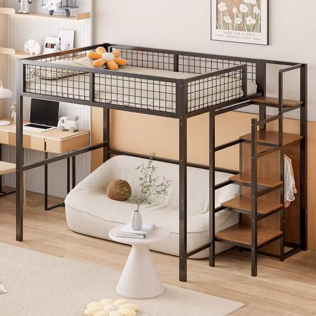 Cama alta MODENVIE para niños en color negro con escalera, compartimentos laterales y estructura de metal y MDF, An/P/Al: 200 x 140 x 180 cm