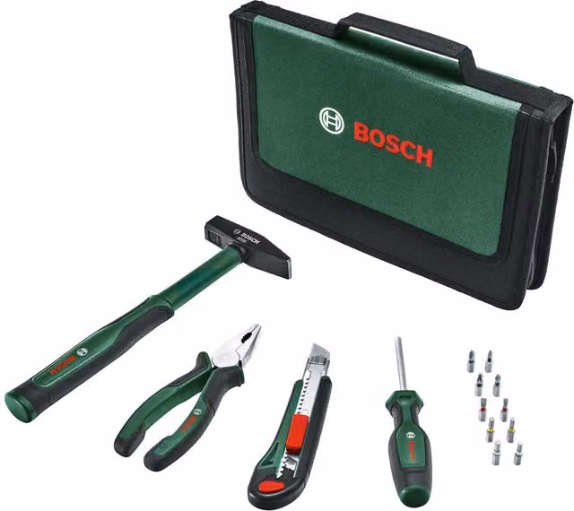 Set de herramientas de inicio Bosch de 14 piezas en color verde con alicates, destornilladores, cuchillo, martillo y puntas en estuche
