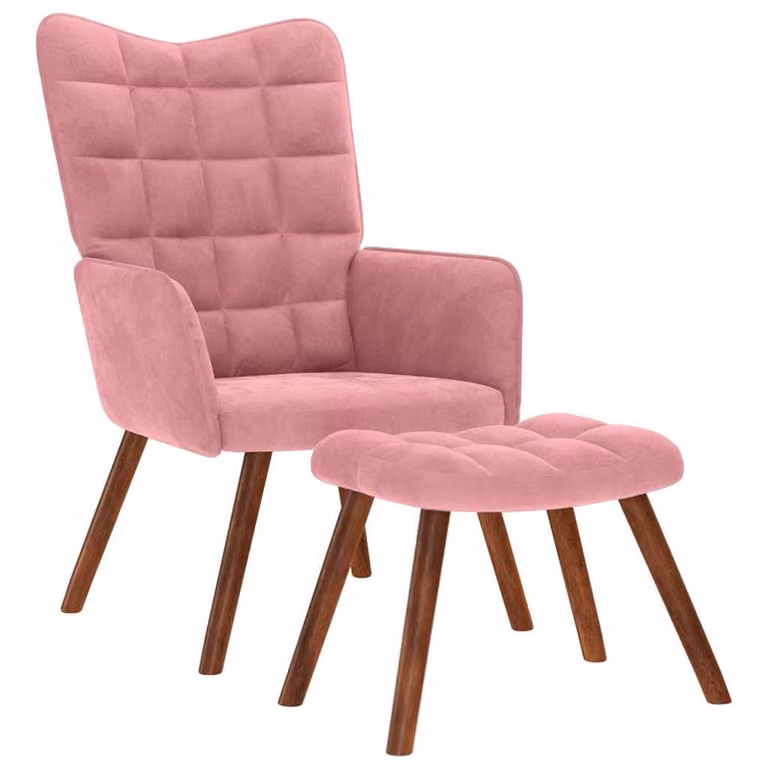 Sillón de relax vidaXL con reposapiés tapizado en terciopelo rosa y estructura de madera y metal