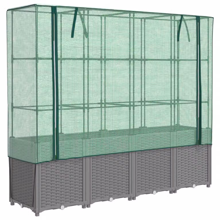 Arriate elevado con cubierta de invernadero con aspecto de ratán vidaXL en gris y verde, An/P/Al: 160 x 40 x 153 cm