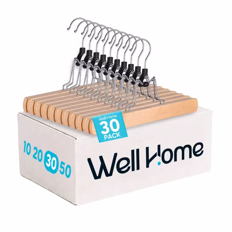 Set de 30 perchas de madera WELLHOME para pantalones y faldas con pinzas antideslizantes y gancho giratorio en color marrón y beige