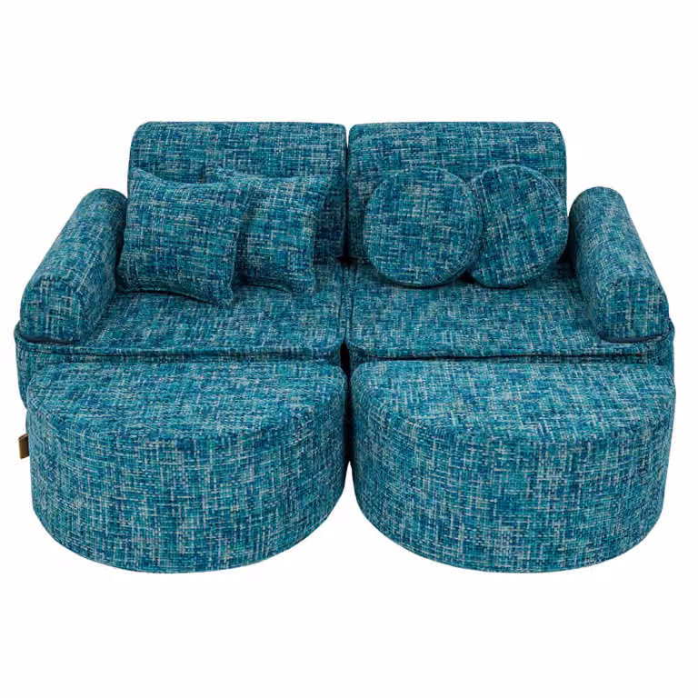 Sofá modular infantil MeowBaby de 12 piezas en color azul con tapicería de tweed y fundas extraíbles