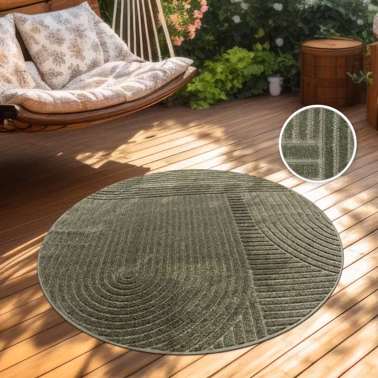 Alfombra Paco Home de estilo escandinavo bohemio para exterior o interior, forma redonda, color verde, Diámetro: 160 cm