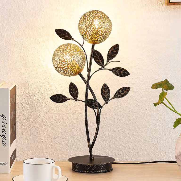 Lámpara de mesa Lucande Evory en metal negro y oro con 2 luces G9 para salón o comedor, Altura: 48 cm