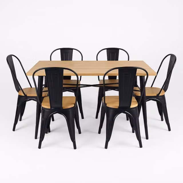 Conjunto de mesa y sillas Kosmi de estilo industrial en metal negro mate y madera natural, An/P/Al: 140 x 80 cm