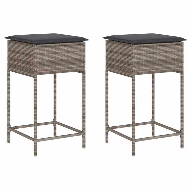 Set de 2 taburetes de jardín Syfax en ratán sintético gris con cojines de tela y estructura metálica An/P/Al: 40 x 40 x 76 cm