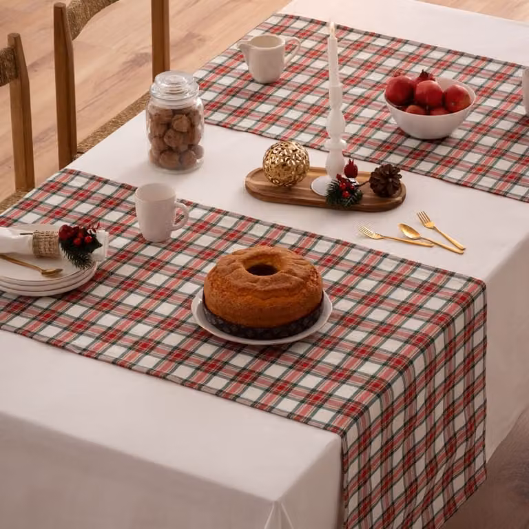 Camino de mesa de Navidad de algodón con diseño de cuadros en blanco y rojo, An/P: 50 x 155 cm