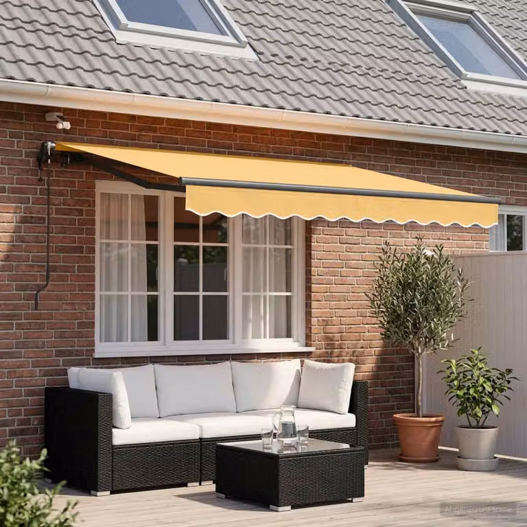 Toldo retráctil Prolenta con brazos plegables y mando a distancia, color arena, fabricado en poliéster, An/P: 400 x 350 cm