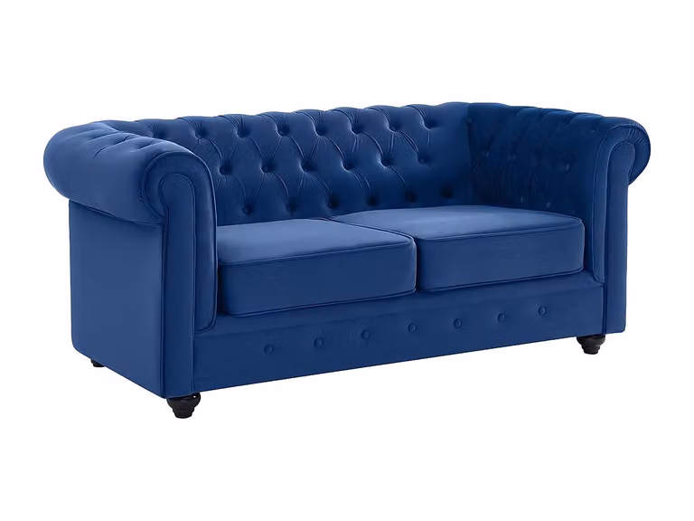 Sofá Chesterfield de 2 plazas VENTE-UNIQUE en terciopelo azul con estructura de madera sólida An/P/Al: 165 x 88 x 72 cm