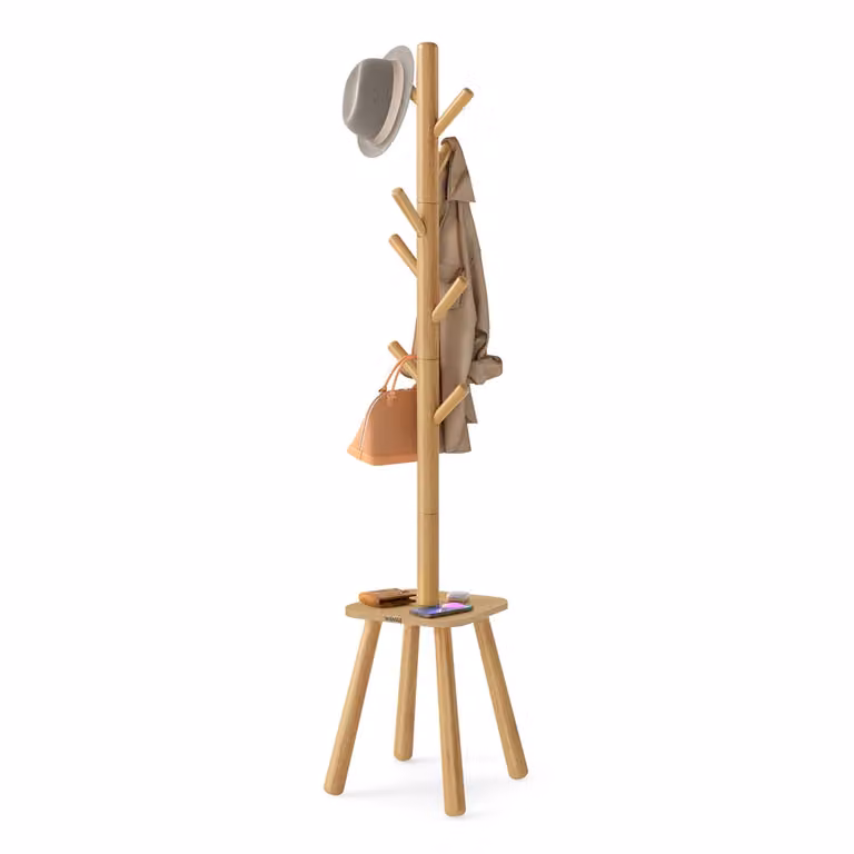 Perchero de suelo VASAGLE con 8 ganchos y estante de almacenamiento, color beige, Altura: 175,8 cm, Ancho: 34,7 cm, Profundidad: 34,7 cm