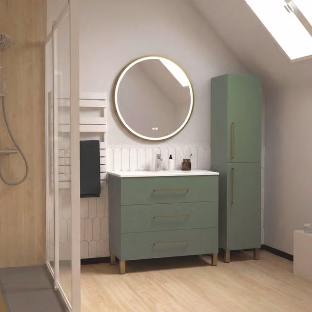Mueble de baño Monaco Ondee color verde con tiradores dorados y espejo Alexine con iluminación LED y antiniebla An: 90 cm