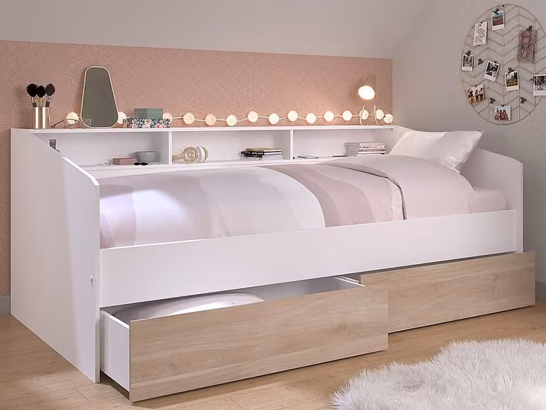 Cama individual con cajones y somier PAULETTE en blanco y beige, An/P/Al: 90 x 200 x 112,7 cm
