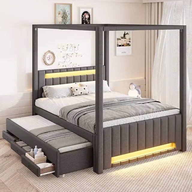 Cama con dosel MODFU para adultos con cama nido, iluminación LED y 3 cajones, estructura de lino y MDF en color gris, An/P/Al: 140 x 200 x 141.5 cm