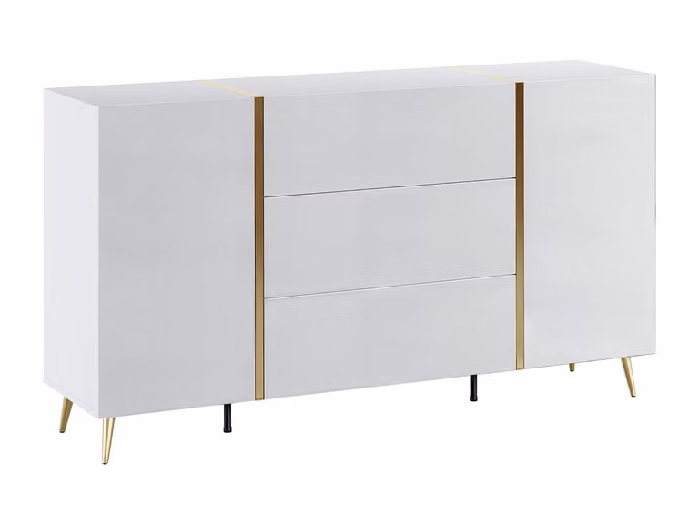 Aparador Art Deco Marzialo con 2 puertas y 3 cajones en blanco brillante y dorado An/P/Al: 158 x 41 x 87,2 cm