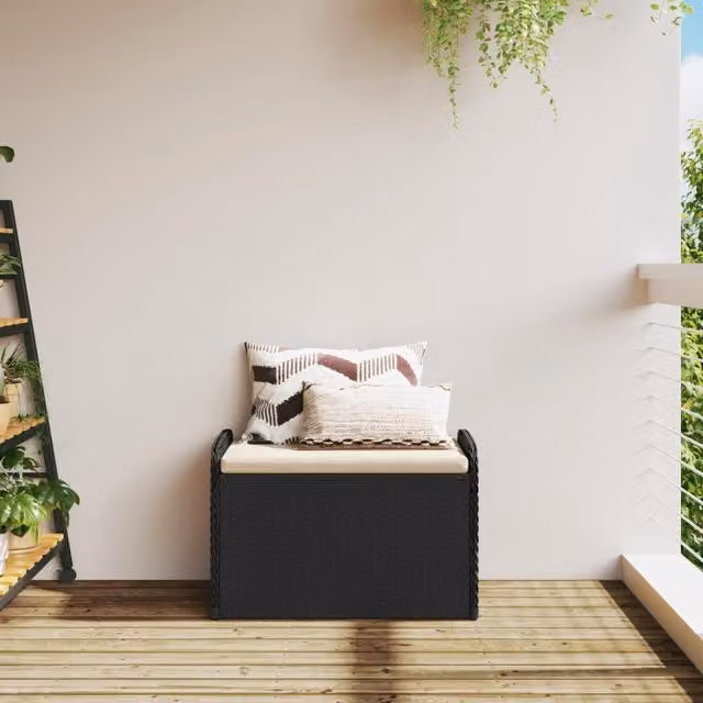 Banco de almacenaje SYFAX de ratán sintético negro con cojín An/P/Al: 80 x 51 x 52 cm