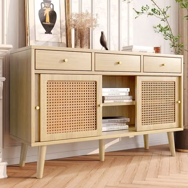 Aparador retro REDOM para salón o cocina en color roble, beige y marrón con detalles de ratán, An/P/Al: 120 x 40 x 78 cm