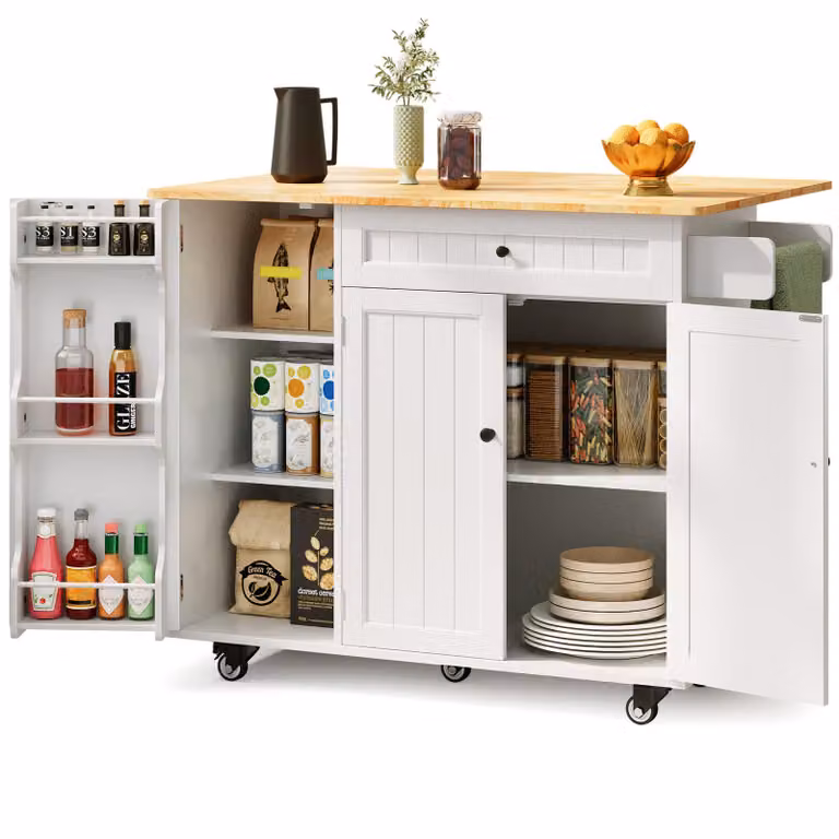 Carrito de cocina Bealife Modelo KC90 con bandeja extensible, 3 cajones y ruedas, color blanco, An/P/Al: 106 x 45 x 88 cm