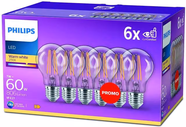Bombilla LED Philips transparente de luz blanca cálida 2700K, equivalente a 60 W, casquillo E27