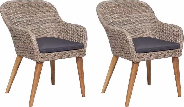 Set de 2 sillas de jardín Syfax de ratán sintético con cojines y reposabrazos en color marrón y gris