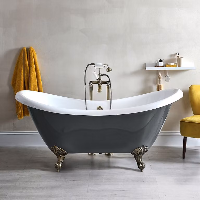 Bañera exenta tradicional ovalada Elton en color gris con patas en oro cepillado, An: 73 cm, Al: 175 cm